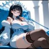 The Ice Queen，Blue velvet chair with crown design.