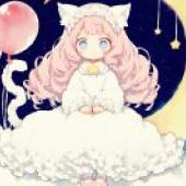 fancy girlPink hair girl floating in the air with stars， balloons and crescent moon.