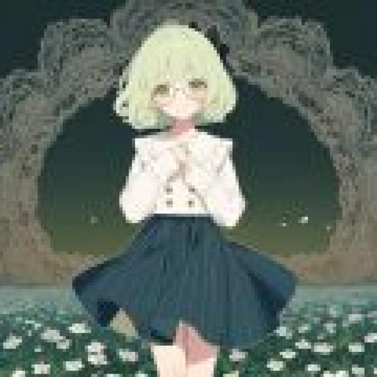 綠草地上一個美麗的夢，戴眼鏡的女孩站在黑色拱門旁。