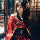 Snowflakes in the Icy Illusion，Asian woman in red kimono.