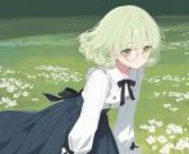 A beautiful dream on the green grass，A girl with green hair looking at the camera.