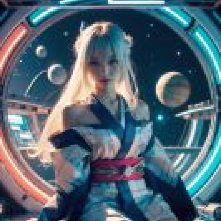 Mobile wallpaper， ghost in space， realistic， a woman with a white bow in her hair and a blue dress.