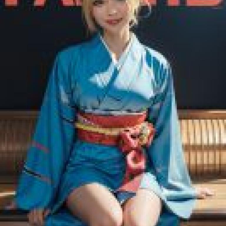 MahjongSoul，Model in blue kimono on bench.