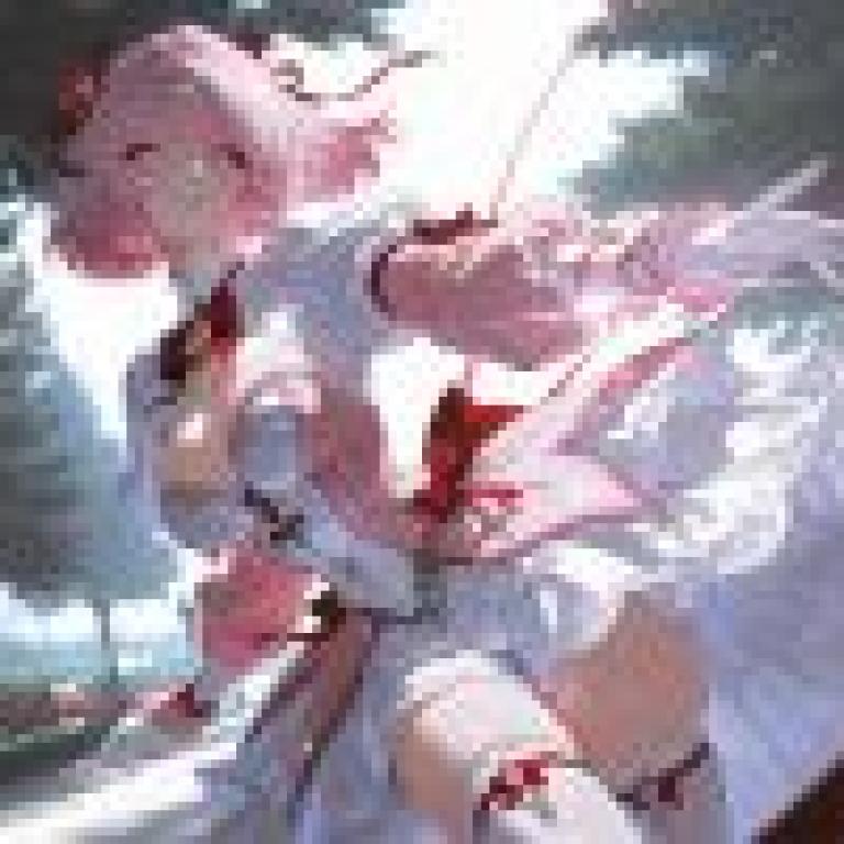 動漫美女，一位粉紅色頭髮、穿著白色連身裙的女孩站在樹前。