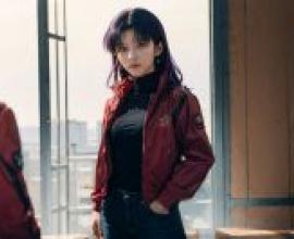 葛城美里，新世紀福音戰士，身穿紅色外套和黑色高領毛衣的女士站在門邊。