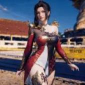 Eternal Mad Emperor，Ling Meier，A girl with black hair dressed in red and white and standing near a temple.