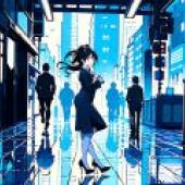 80s comic girl，A girl in a short black dress stands on the corner of an illuminated city.