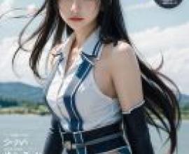 Chikuma Kantai，一位模特兒穿著藍黑相間的服裝。