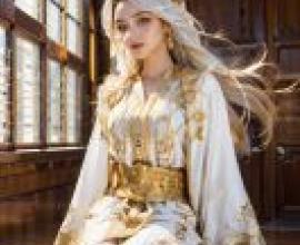 手機桌布，Moroccan Caftan，寫實，身穿黃白連身裙的女子。