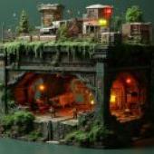 Miniature city，A model of an old house with moss and ivy growing on it， including a cave-like entrance.