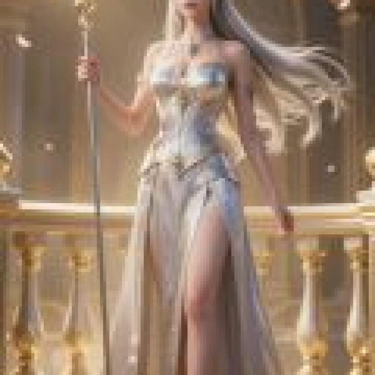 Goddess s Grace，A blonde， elf-like girl in a blue and gold dress holds a crystal ball.