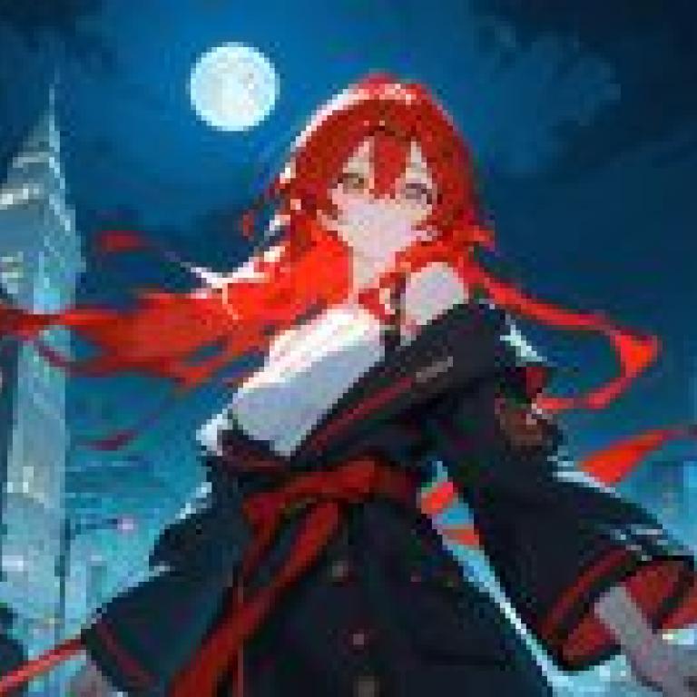 Under the moon，Red haired anime woman with red bow in front of buildings.