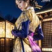Mobile wallpaper， Korean ancient clothing， realistic， a woman in a yellow and blue dress standing next to a building.
