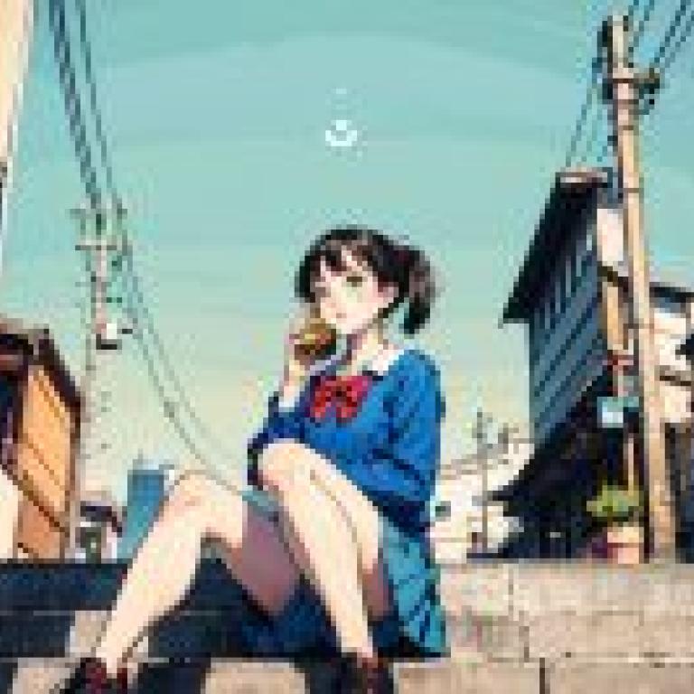 城市一角，一個小女孩坐在外面。