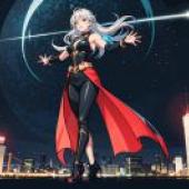 Future hero，Woman wearing black pants， red cape and blue gloves.