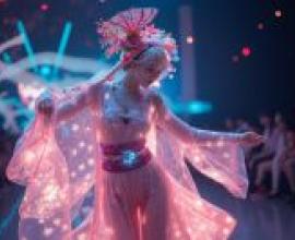 Technology kimono，A woman dancing wearing pink and white with a large pink hat.