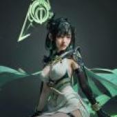 Nefer Genshin Impact，A girl wearing a white dress with her knees bent and holding a sword.