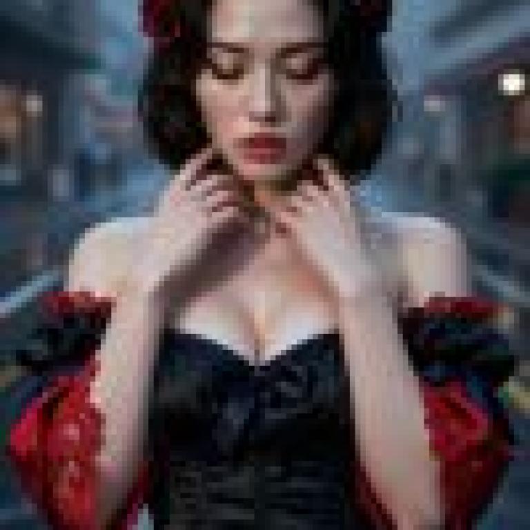 戴著紅色蝴蝶結、穿著緊身胸衣的女孩。