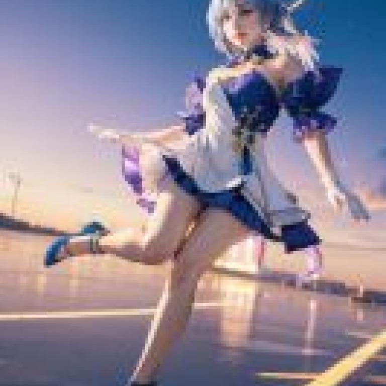Honkai Star Rail，Robin，A girl in blue and white dress with high heels on her legs.