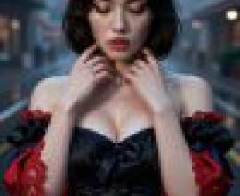 戴著紅色蝴蝶結、穿著緊身胸衣的女孩。