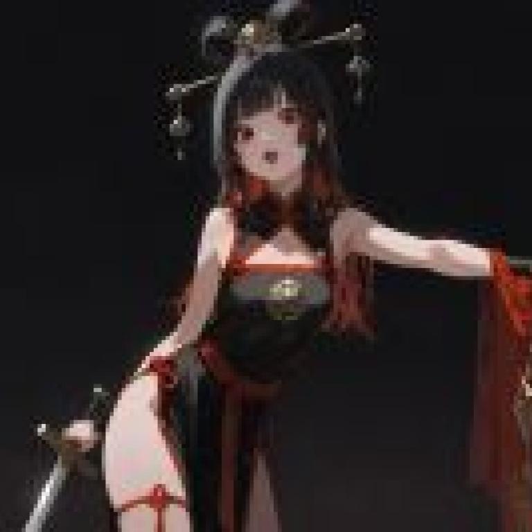 Cheongsam and giant sword Chinese style，A woman in a red dress with a black headband and sword.