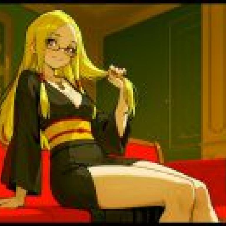 The mistress with a secret，a woman with long yellow hair and glasses sitting on a red chair.