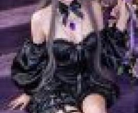 Herta，A girl in black with a purple ribbon and black cat ears is sitting down.