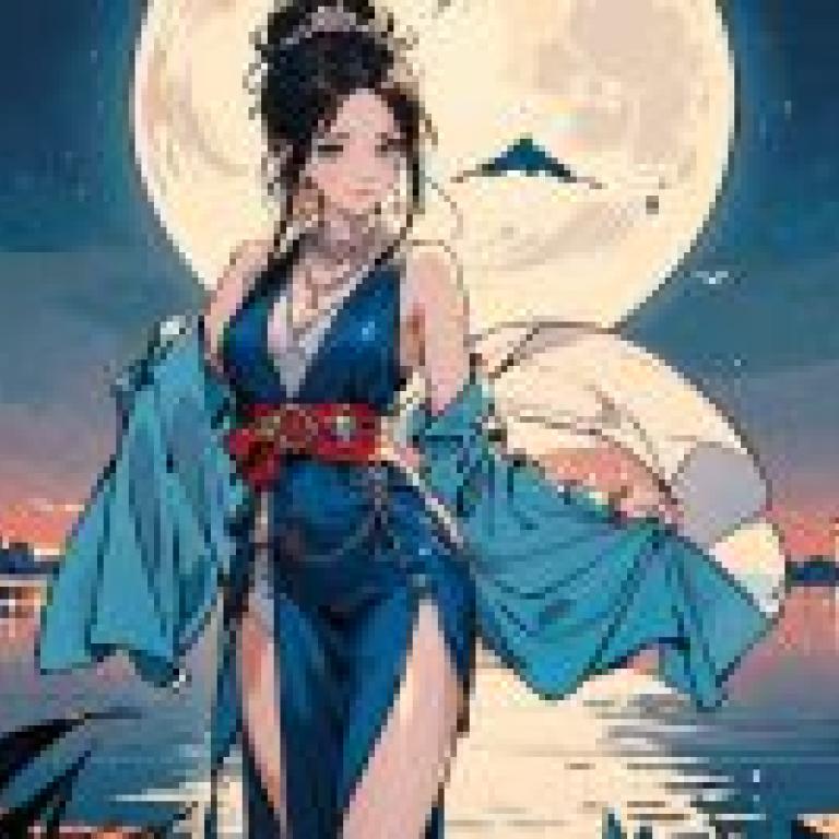 月下美人，一名婦女站在水邊，天空中有一隻鳥。