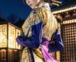 Mobile wallpaper， Korean ancient clothing， realistic， a woman in a yellow and blue dress standing next to a building.