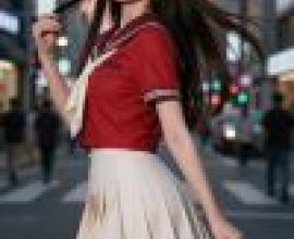 girls，A girl in glasses is wearing a school uniform and walking down the street.