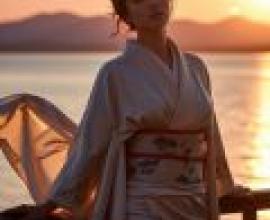夕陽西下，一位身著和服的女子，在最後的告別中離別。