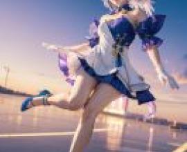 Honkai Star Rail，Robin，A girl in blue and white dress with high heels on her legs.