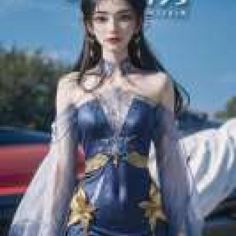 李慕婉，藍色連身裙，金色點綴。