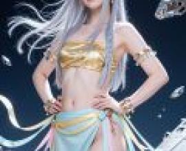 機械女神，一位身穿比基尼、長髮飄飄的女子與閃閃發光的碎片擺出造型。