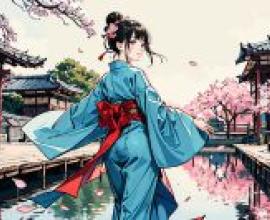 Café，A woman with blue hair and long blue dress.