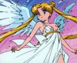 水手月亮 月野兔，一張有著金色頭髮和藍色眼睛的女性天使的卡通圖片