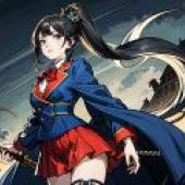 Schoolgirl Demons，A girl with long hair and blue jacket is holding a sword.