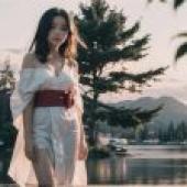 Computer desktop， live version， kimono beauty， waterfront beauty: white Hanfu girl and ancient Chinese clothing