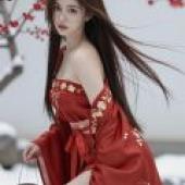 z image test，A model in a dress with a red rose flower on her hair.