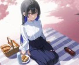 在樹下野餐，女孩坐在地上。