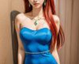Mikami Reiko GS Mikami，Blue dress with red hair.