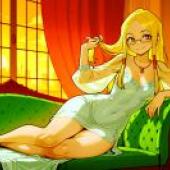 一位穿著白裙的女孩在沙發上擺姿勢拍照，她似乎隱藏著一個秘密。