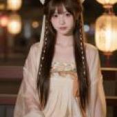 Night in Changan，A woman with long hair and bangs sits in front of lanterns.