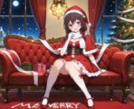 Christmas alone time，A girl in a red Santa outfit sitting on a sofa.