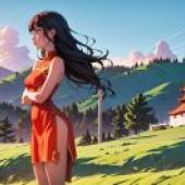 Woman in a Red Dress  Mountain View  and the Red Building