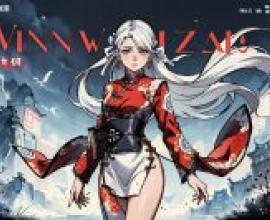 Computer wallpaper， ink painting style， anime， a woman in a red dress with the name Winn Wizai written on it.