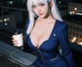 ZIT TEST03，Blue dress lady with a cup in hand.