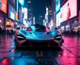 夜色中，一輛紫色跑車停在路邊，車燈閃爍著。