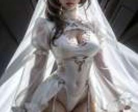 2B 白色婚紗，一位身著戲服的女子手持寶劍。