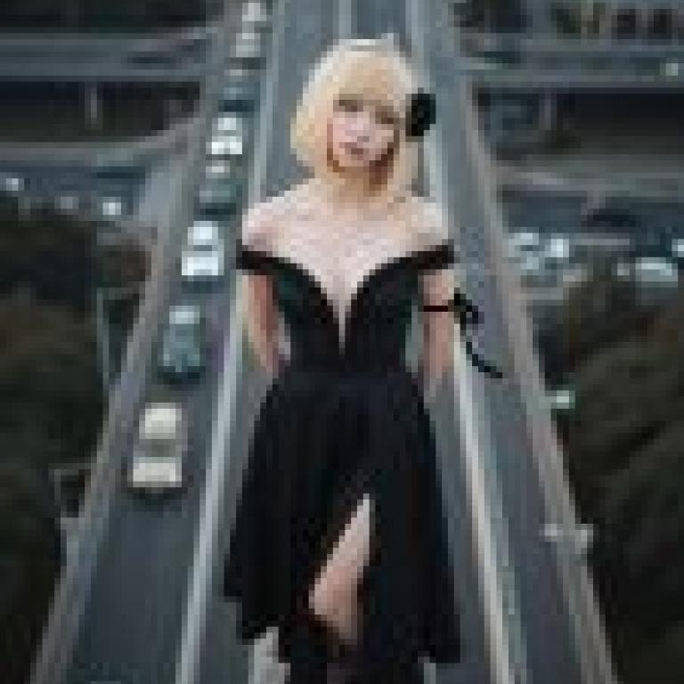 Black flowers on the road，A blonde woman in black dress with bow on hair.